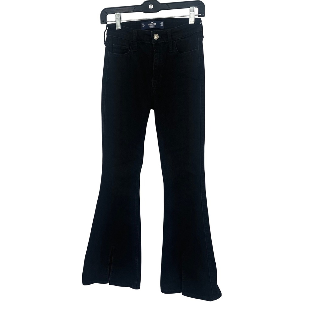 Hollister High-Rise Flare Jeans Women 1S W25 Black Soft Stretch Split Hem Denim